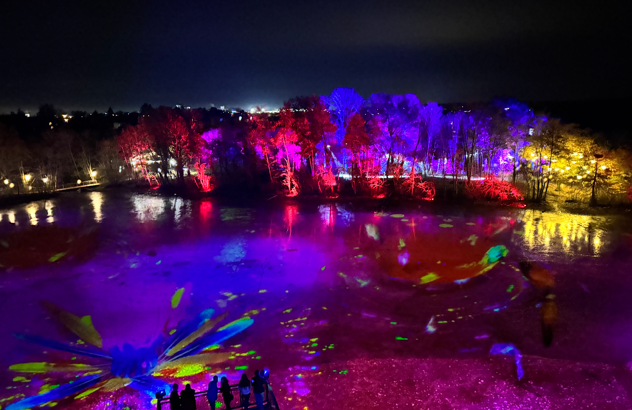 Alternative text - Mise en lumière du parc des oiseaux par Novelty lors des Nuits du Parc